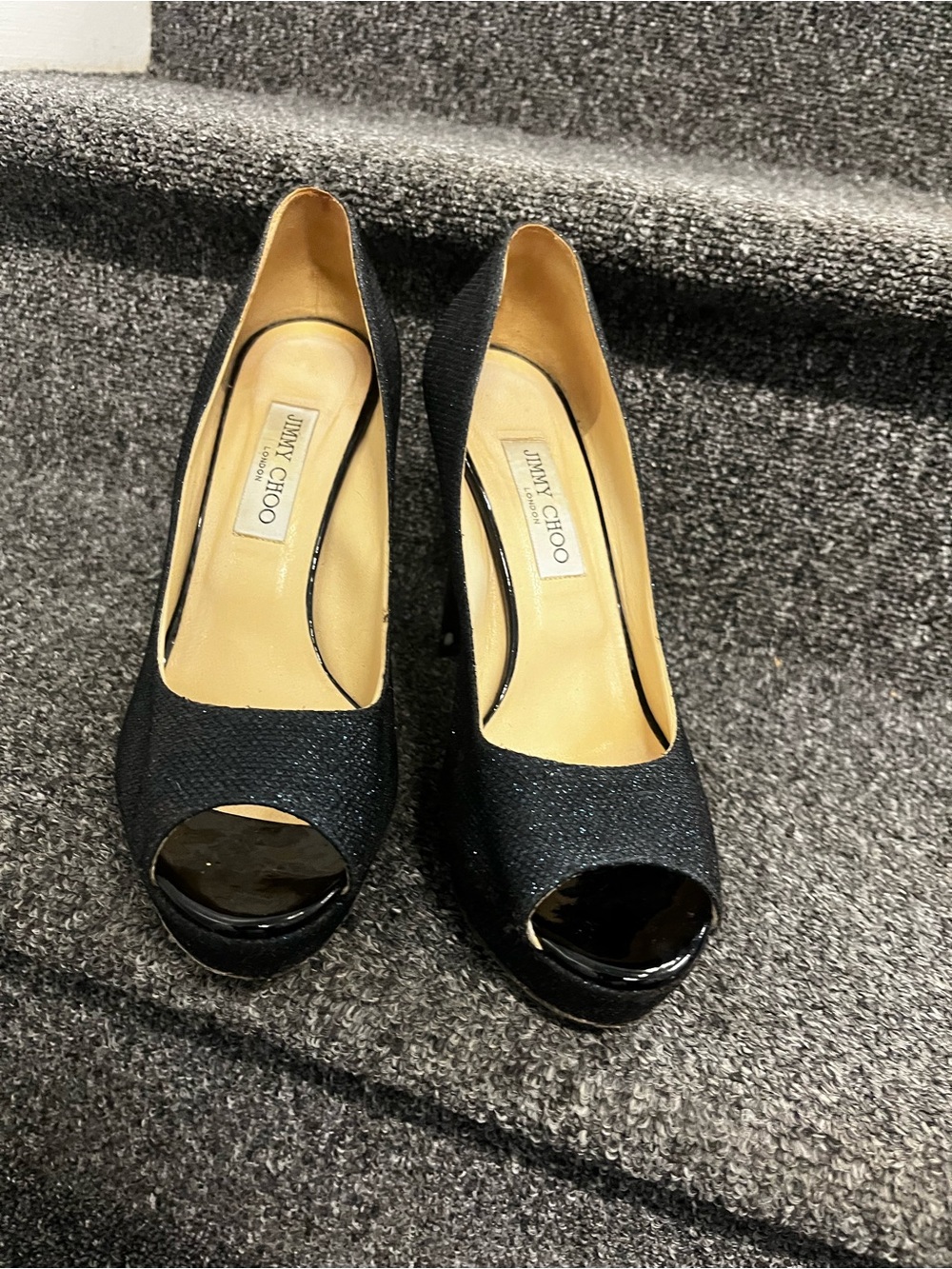 Jimmy Choo Black Glitter Peep-Toe Platform Pumps